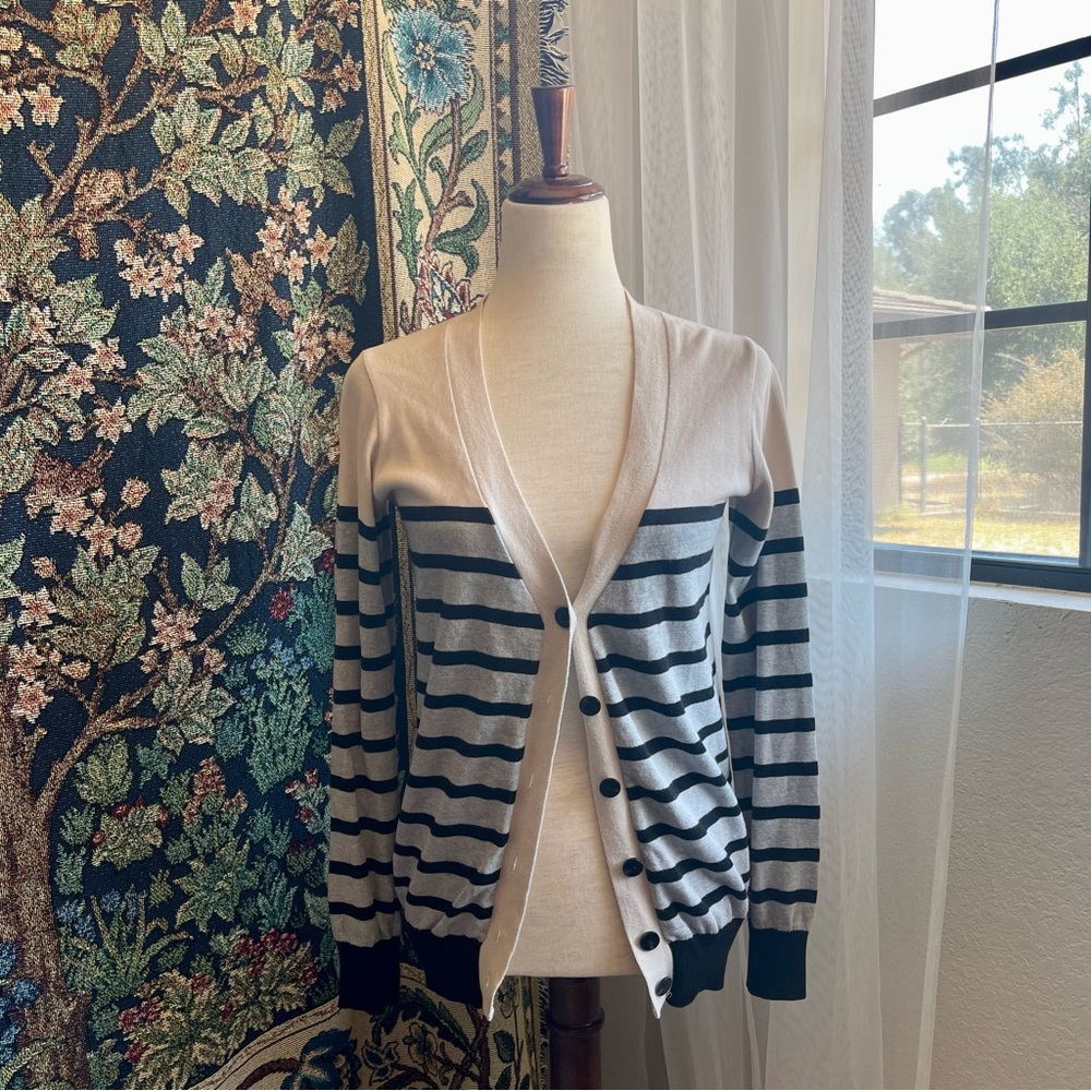 Modcloth POL Grey, Black, and Beige Striped cardigan. Made in Korea.